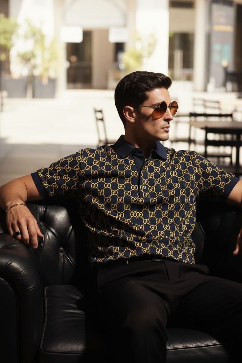 GUCCI GOLD PRINT ALL OVER IMPORTED TSHIRT - SET OF 20 PCS (M L XL XXL) x Rs.495