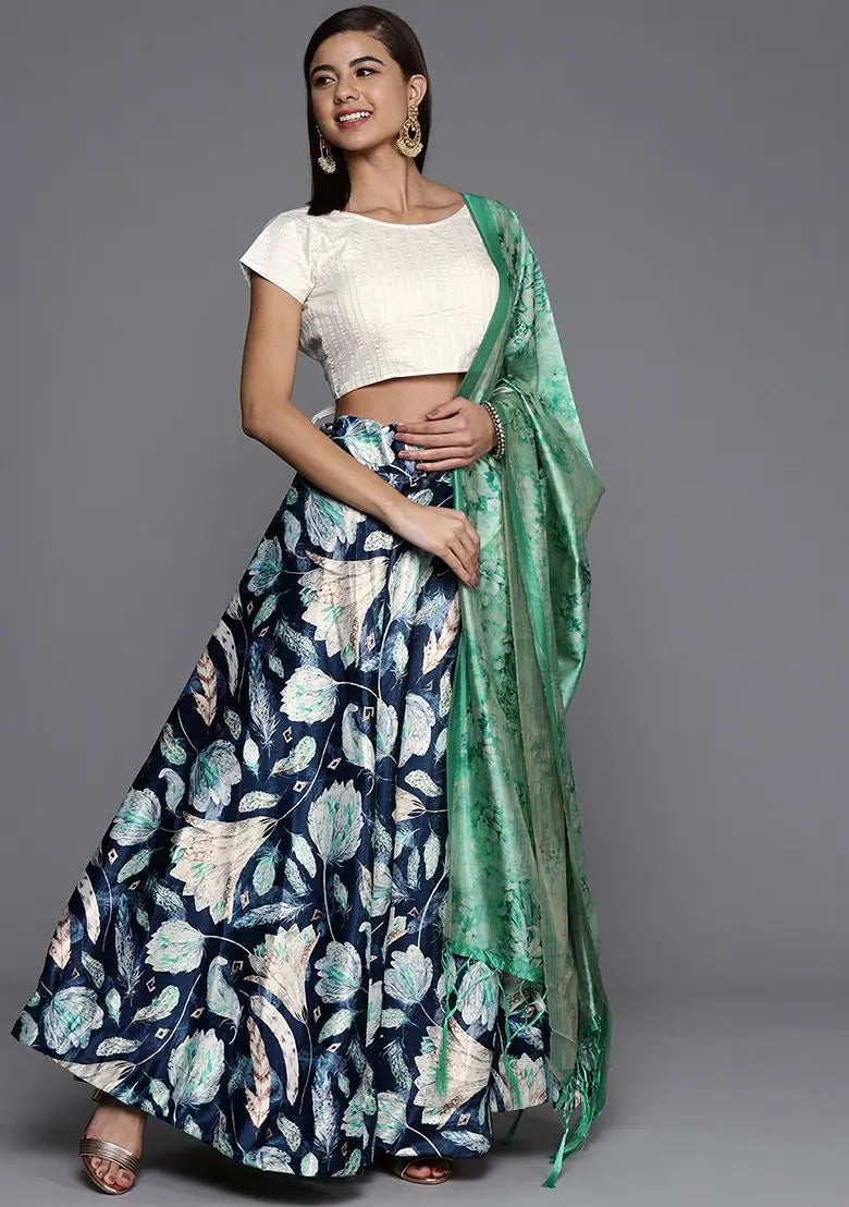 Teal Printed Satin Silk Lehenga Set Pehenawa