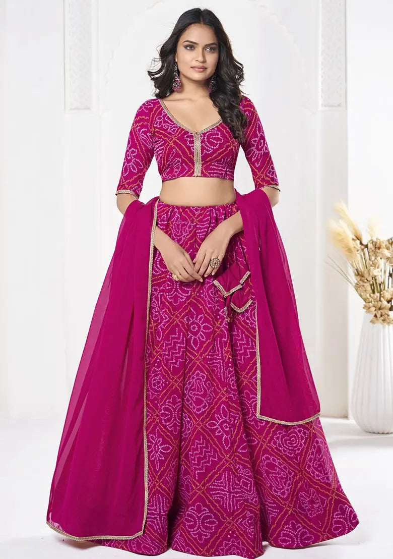 Rani Pink Bandhani Print Georgette Lehenga Set Pehenawa