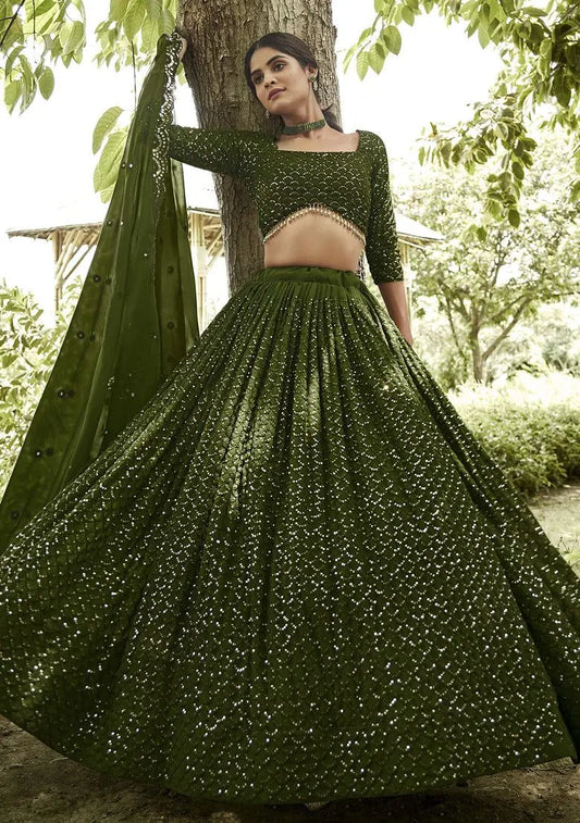 Mehendi Sequin Embroidered Georgette Lehenga Set Pehenawa