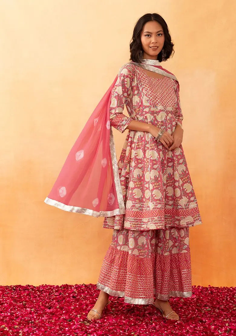 Pink Chevron Print Cotton Sharara With Anarkali Kurta And Dupatta (Set of 3) Pehenawa