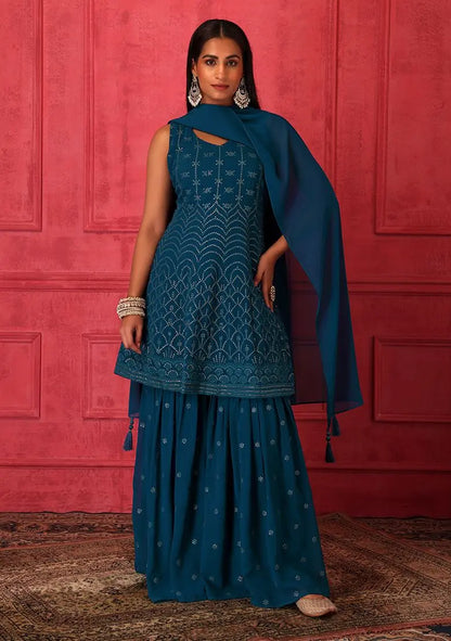 Teal Embroidered Sharara Set With Short Kurta And Dupatta Pehenawa