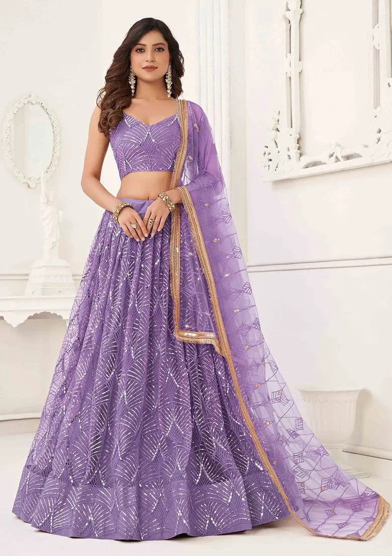 Lavender Thread Sequin Embroidered Net Lehenga Pehenawa