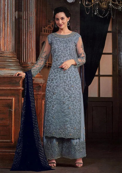 Grey Embroidered Net Kurta Set Pehenawa