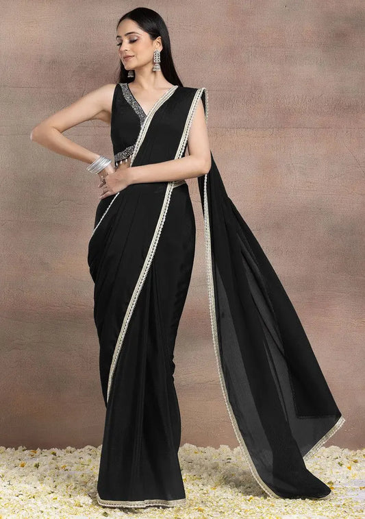 Black Pearl Embellished Pre-Stitched Saree Set With Hand Embroidered Blouse Pehenawa