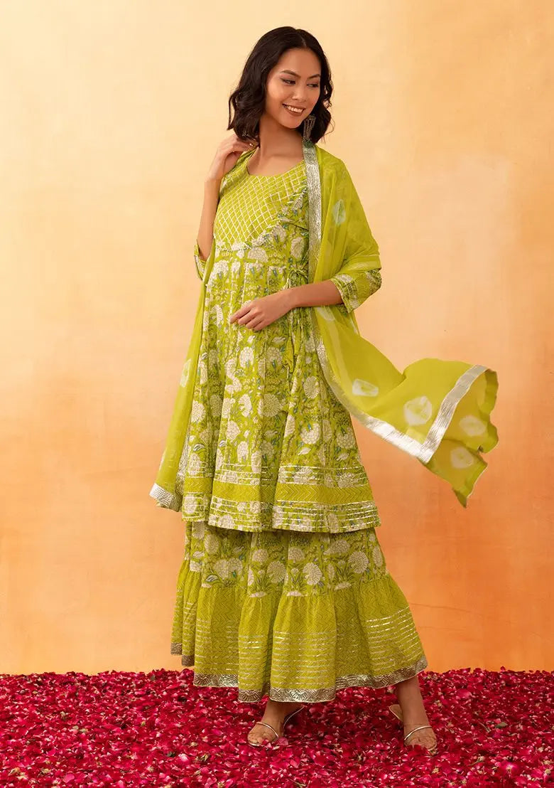 Light Yellow Chevron Print Cotton Sharara With Anarkali Kurta And Dupatta (Set of 3) Pehenawa