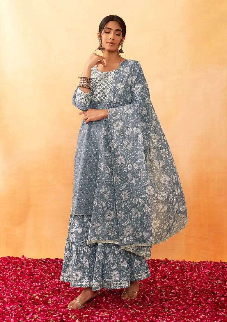 Dark Grey Floral Jaal Print Cotton Sharara With Short Kurta And Dupatta (Set of 3) Pehenawa