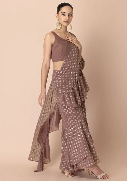 Dusty Pink Foil Print Pre-Stitched Saree Pehenawa