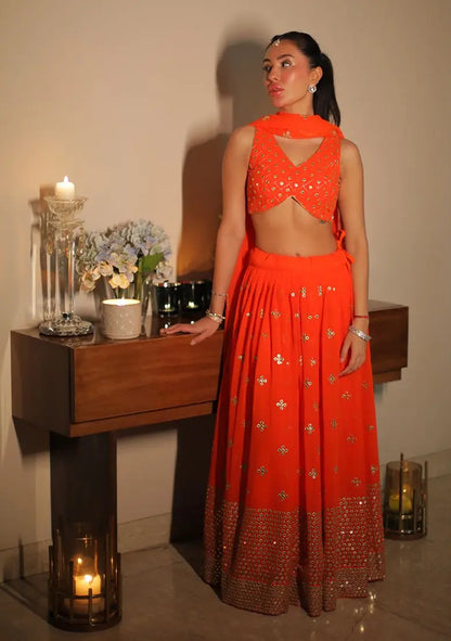 Orange Sequin Embroidered Faux Georgette Lehenga Set Pehenawa