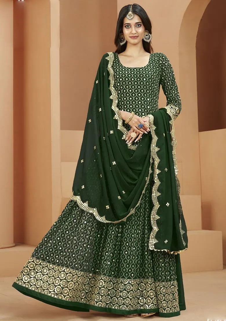 Green Embroidered Georgette Anarkali Gown Set Pehenawa