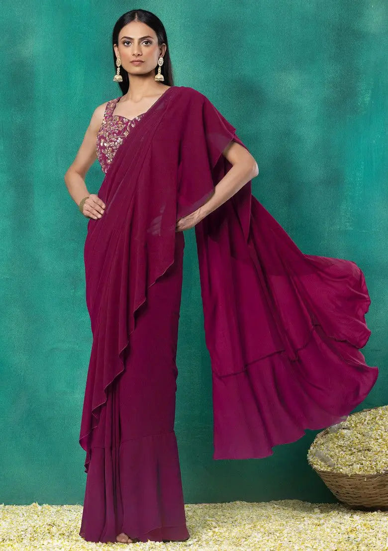 Dark Pink Ruffled Pre-Stitched Saree Set With Sequin Leaf Hand Embroidered Blouse Pehenawa