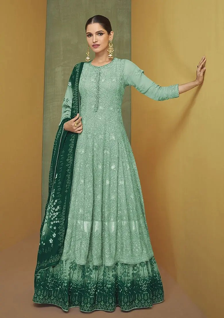 Sea Green Embroidered Faux Georgette Anarkali Gown Set Pehenawa