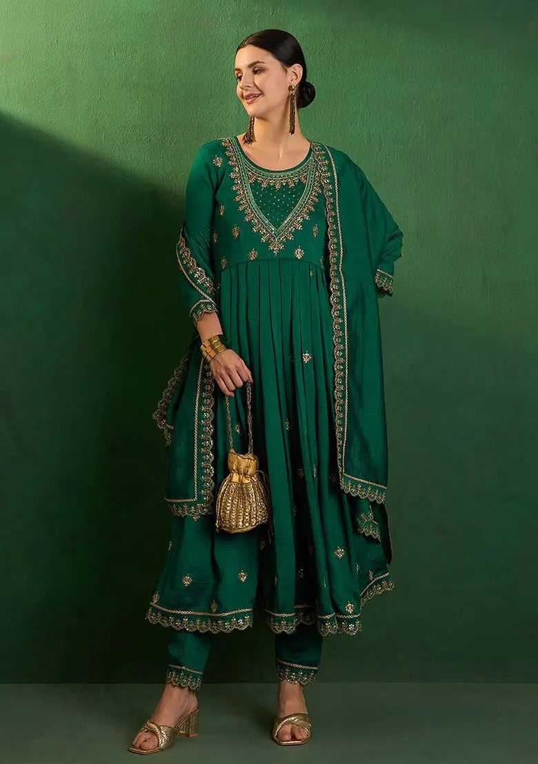 Green Zari Sequin Embroidered Vichitra Kurta Set Pehenawa