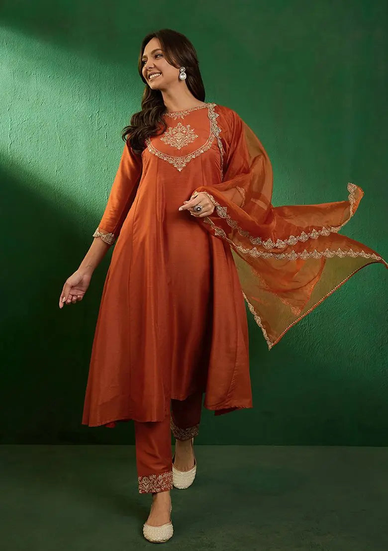 Orange Zari Sequin Embroidered Organza Kurta Set Pehenawa