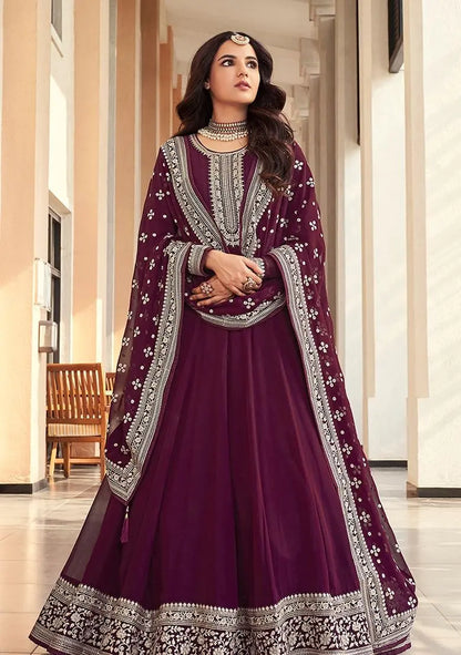 Dark Purple Embroidered Georgette Anarkali Gown Set Pehenawa