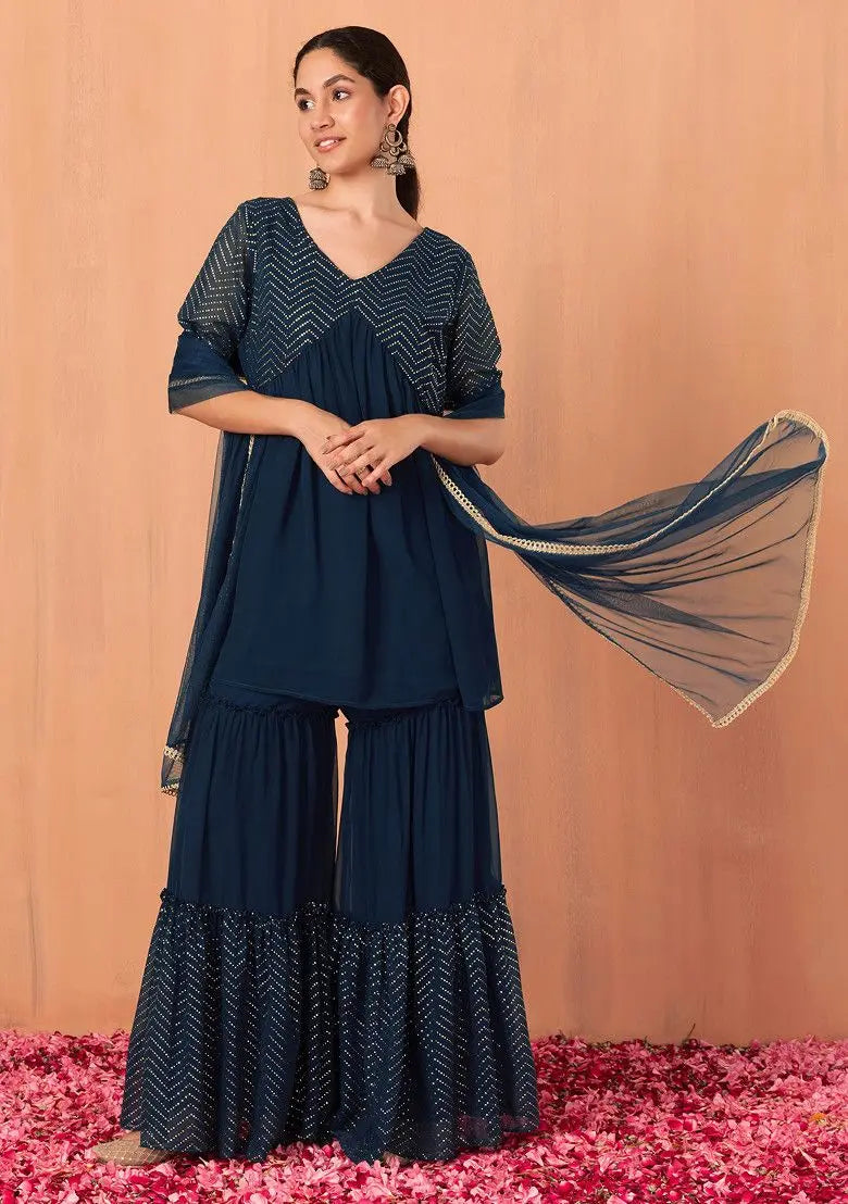 Teal Blue Tiered Sharara With Chevron Foil Print A-Line Kurta And Dupatta (Set of 3) Pehenawa