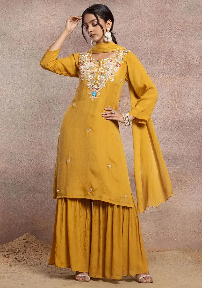 Mustard Sharara Set With Floral Sequin Embellished Kurta And Dupatta Pehenawa