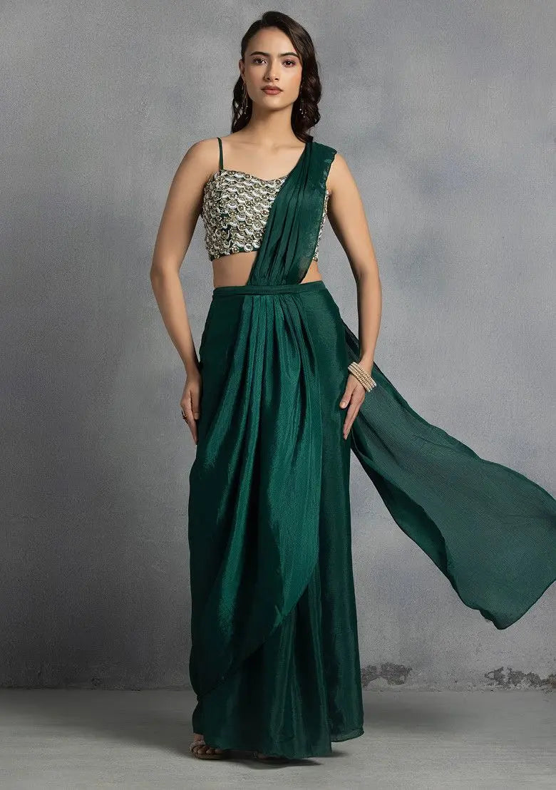 Green Pre-Stitched Saree Set With Abstract Sequin Bead Hand Embroidered Blouse Pehenawa