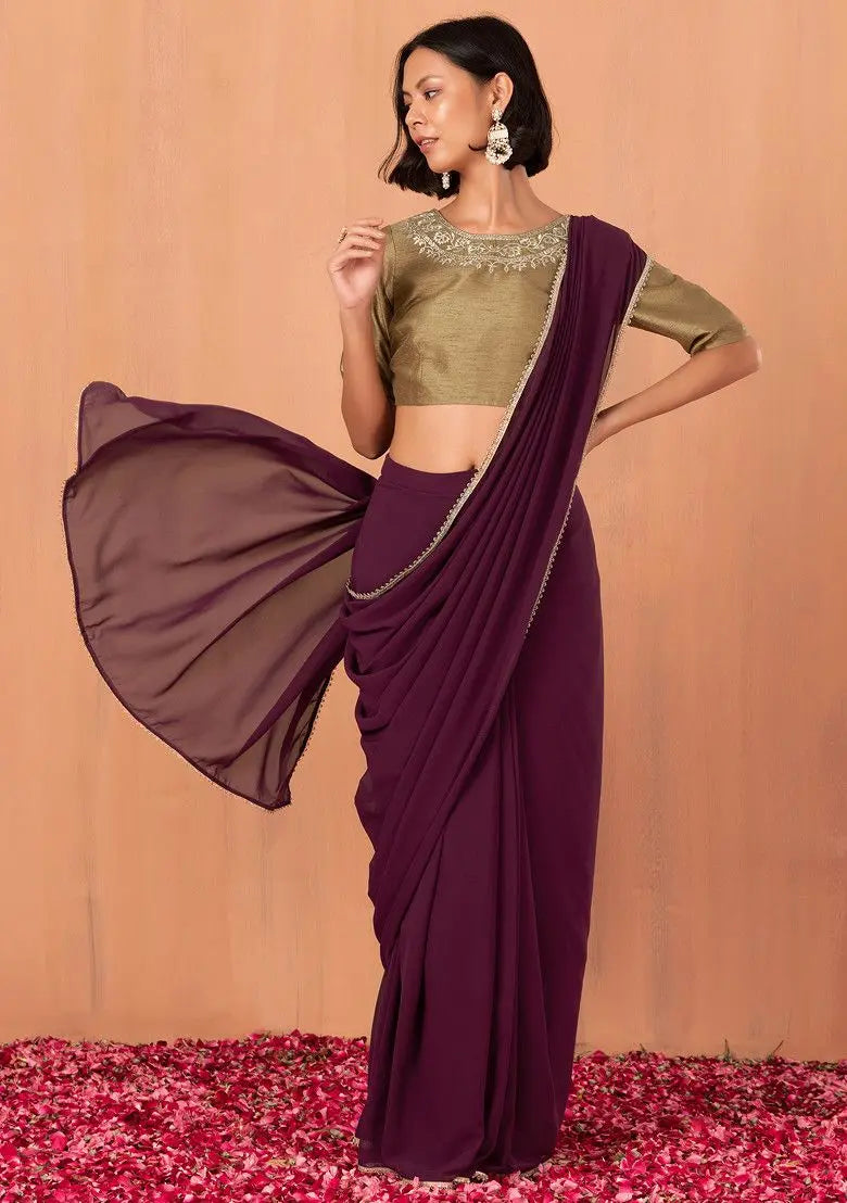 Wine Scallop Border Pre-Stitched Saree Pehenawa