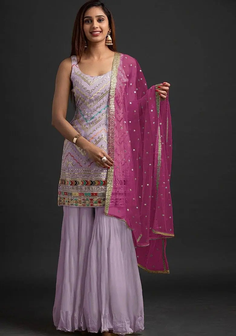 Lavender Embroidered Georgette Sharara Set Pehenawa