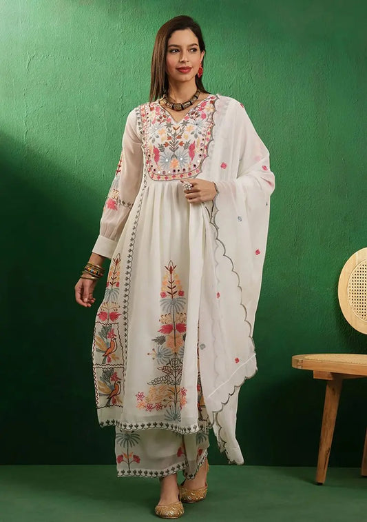 Off White Mirror Thread Embroidered Georgette Kurta Set Pehenawa