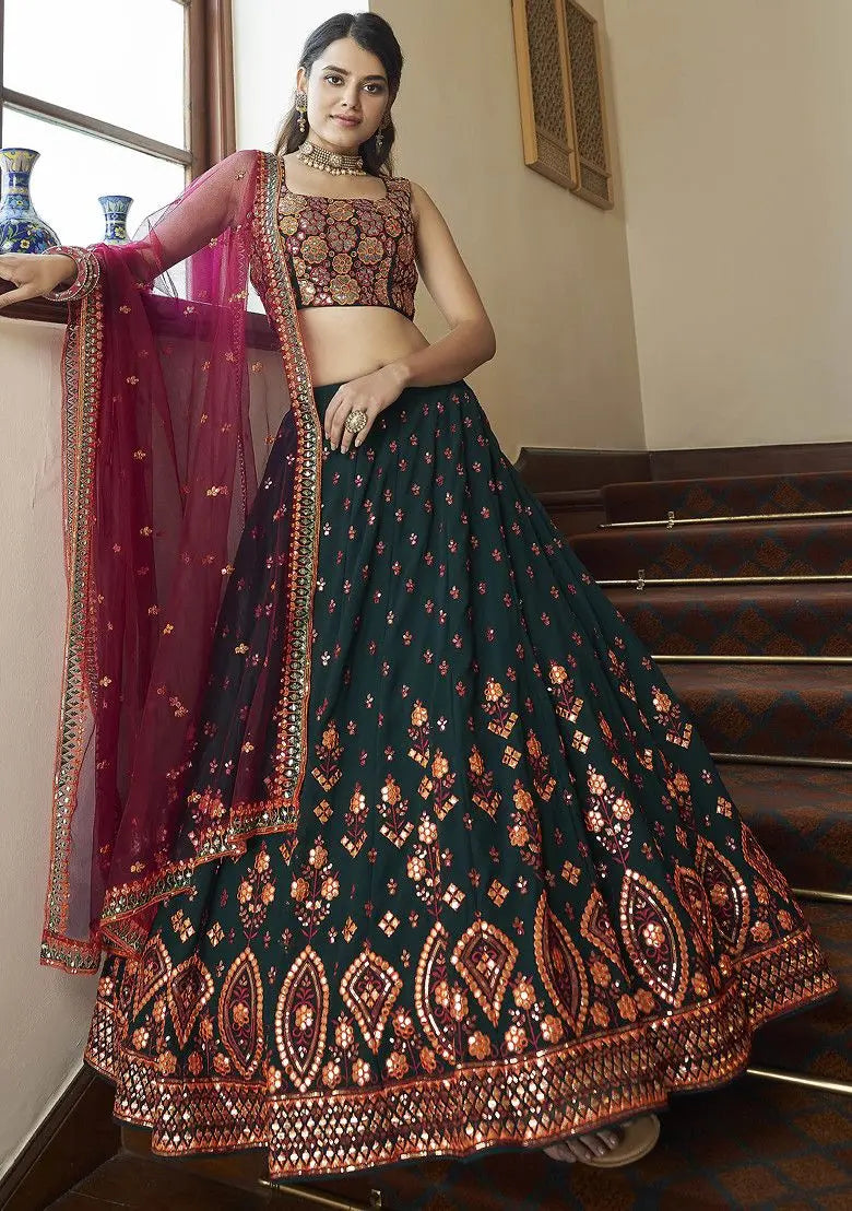 Dark Green Thread Embroidered Georgette Lehenga Set Pehenawa