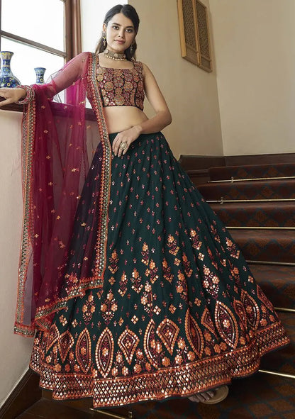 Dark Green Thread Embroidered Georgette Lehenga Set Pehenawa