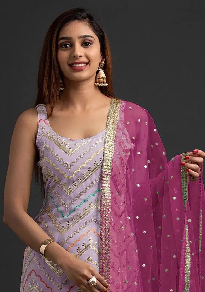 Lavender Embroidered Georgette Sharara Set Pehenawa