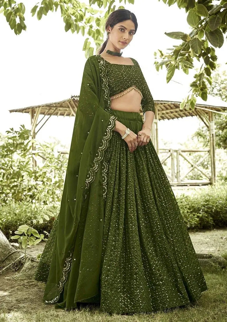 Mehendi Sequin Embroidered Georgette Lehenga Set Pehenawa