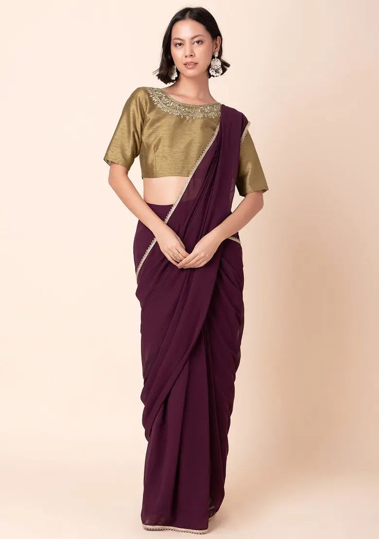 Wine Scallop Border Pre-Stitched Saree Pehenawa