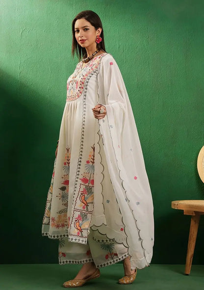 Off White Mirror Thread Embroidered Georgette Kurta Set Pehenawa