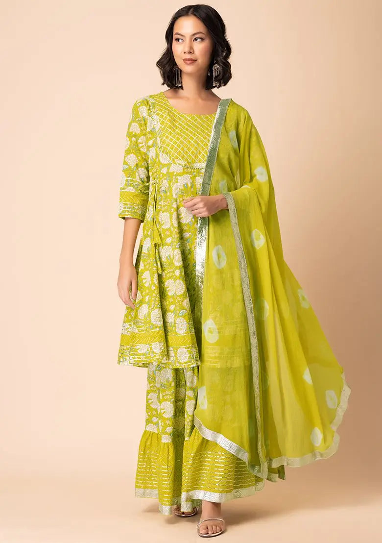 Light Yellow Chevron Print Cotton Sharara With Anarkali Kurta And Dupatta (Set of 3) Pehenawa