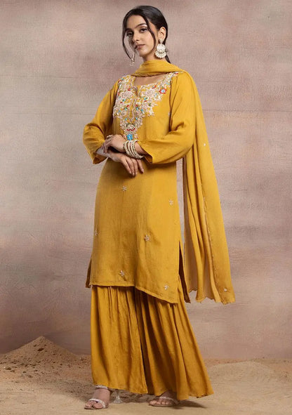 Mustard Sharara Set With Floral Sequin Embellished Kurta And Dupatta Pehenawa