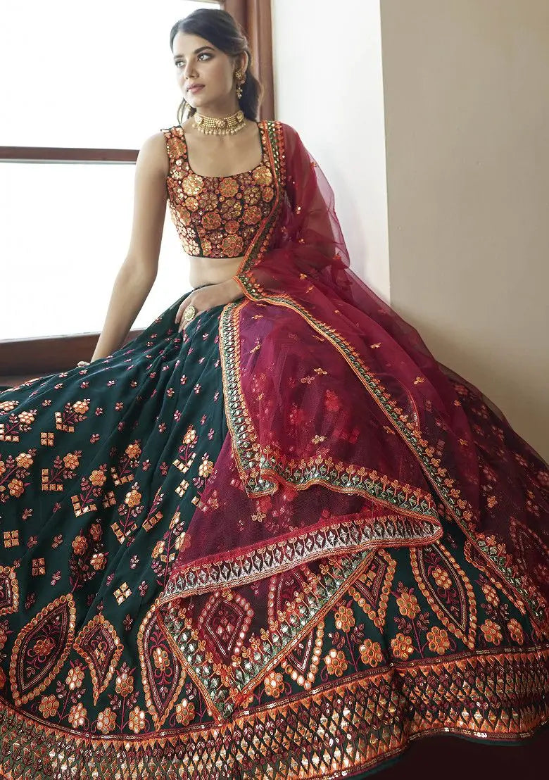 Dark Green Thread Embroidered Georgette Lehenga Set Pehenawa