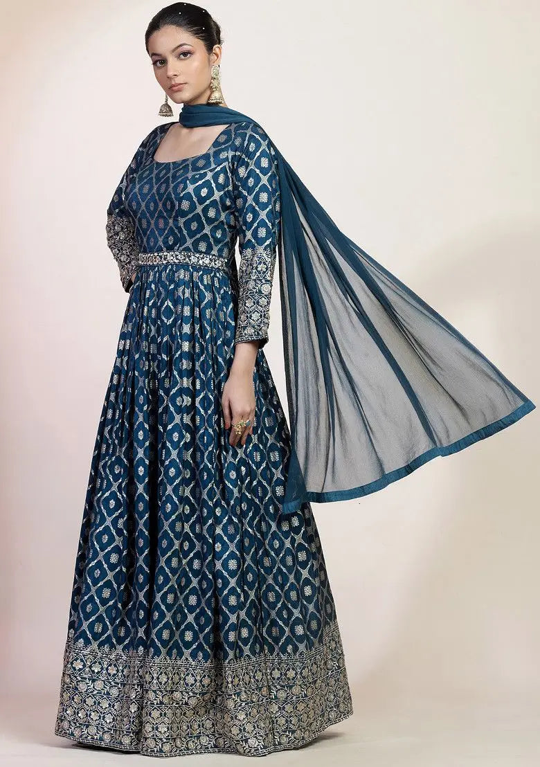 Teal Blue Floral Print Brocade Anarkali With Dupatta Pehenawa