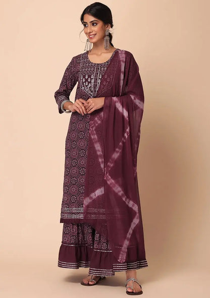 Maroon Ajrakh Print Cotton Sharara With Kurta And Dupatta (Set of 3) Pehenawa