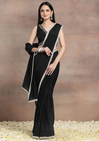 Black Pearl Embellished Pre-Stitched Saree Set With Hand Embroidered Blouse Pehenawa