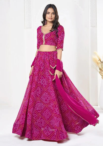 Rani Pink Bandhani Print Georgette Lehenga Set Pehenawa