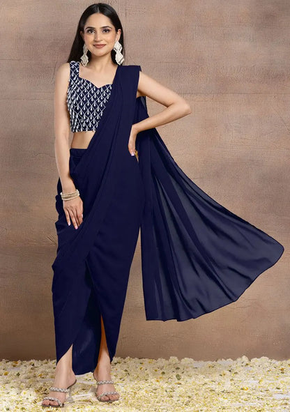 Indigo Blue Pre-Stitched Saree Set With Pearl Hand Embroidered Blouse Pehenawa