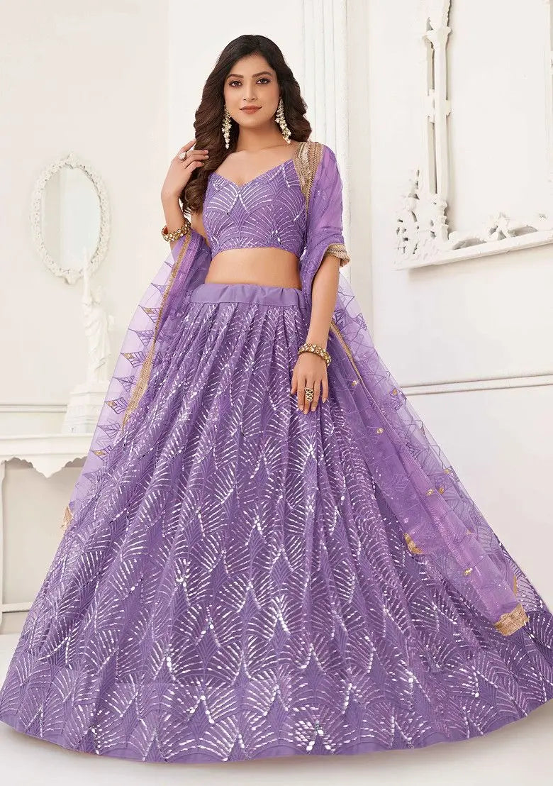 Lavender Thread Sequin Embroidered Net Lehenga Pehenawa