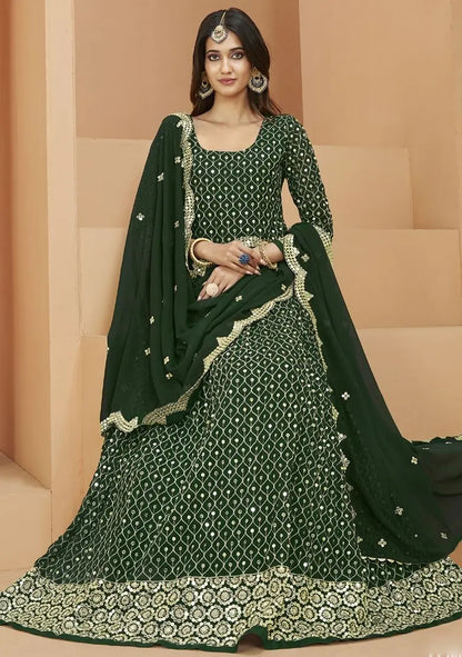 Green Embroidered Georgette Anarkali Gown Set Pehenawa