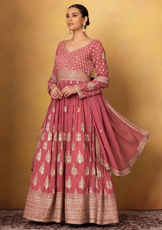 Pink Floral Sequin Embellished Anarkali Gown With Dupatta Pehenawa