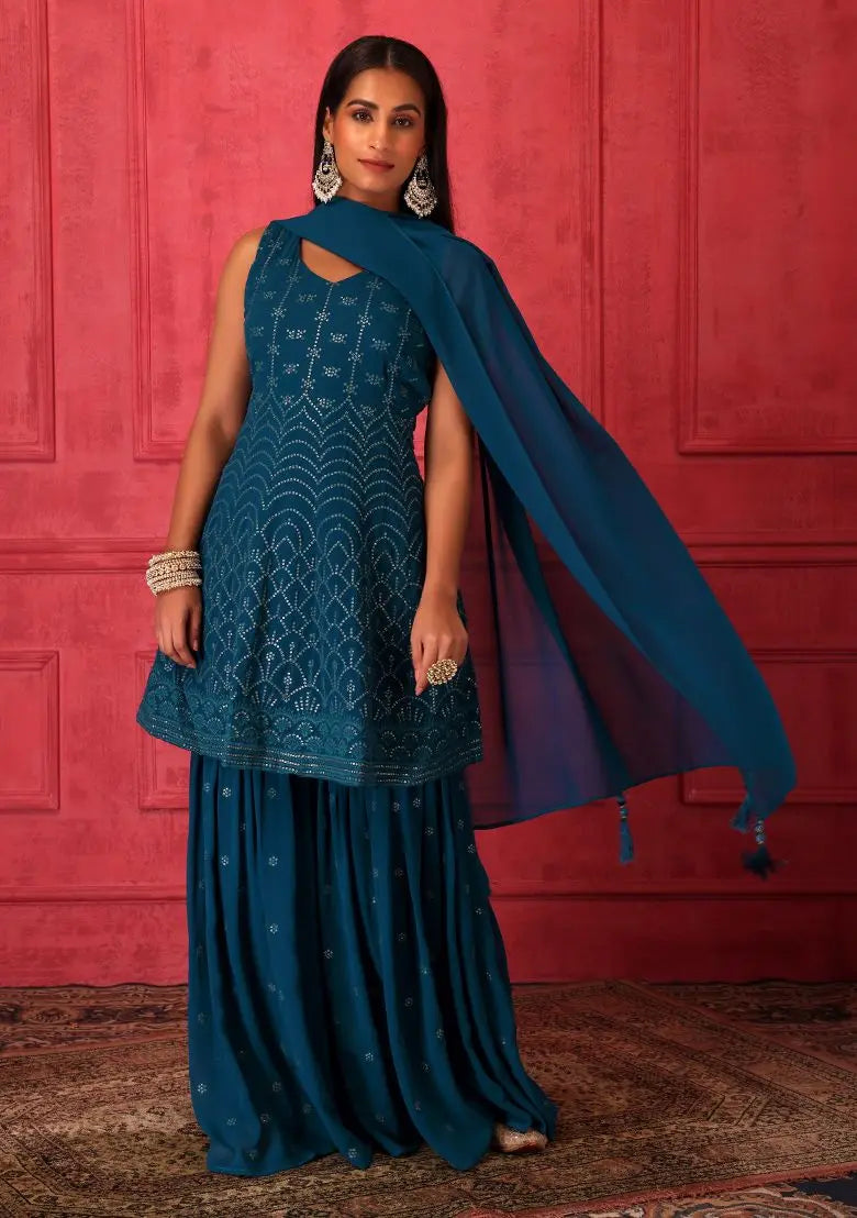 Teal Embroidered Sharara Set With Short Kurta And Dupatta Pehenawa