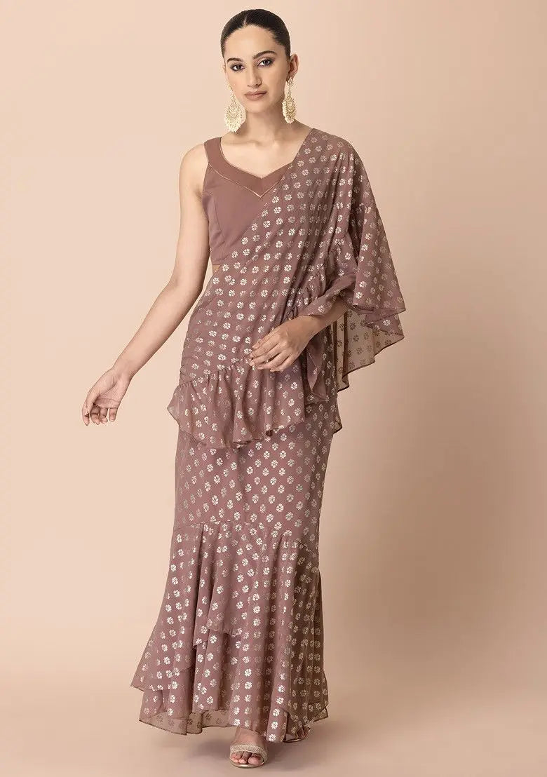 Dusty Pink Foil Print Pre-Stitched Saree Pehenawa