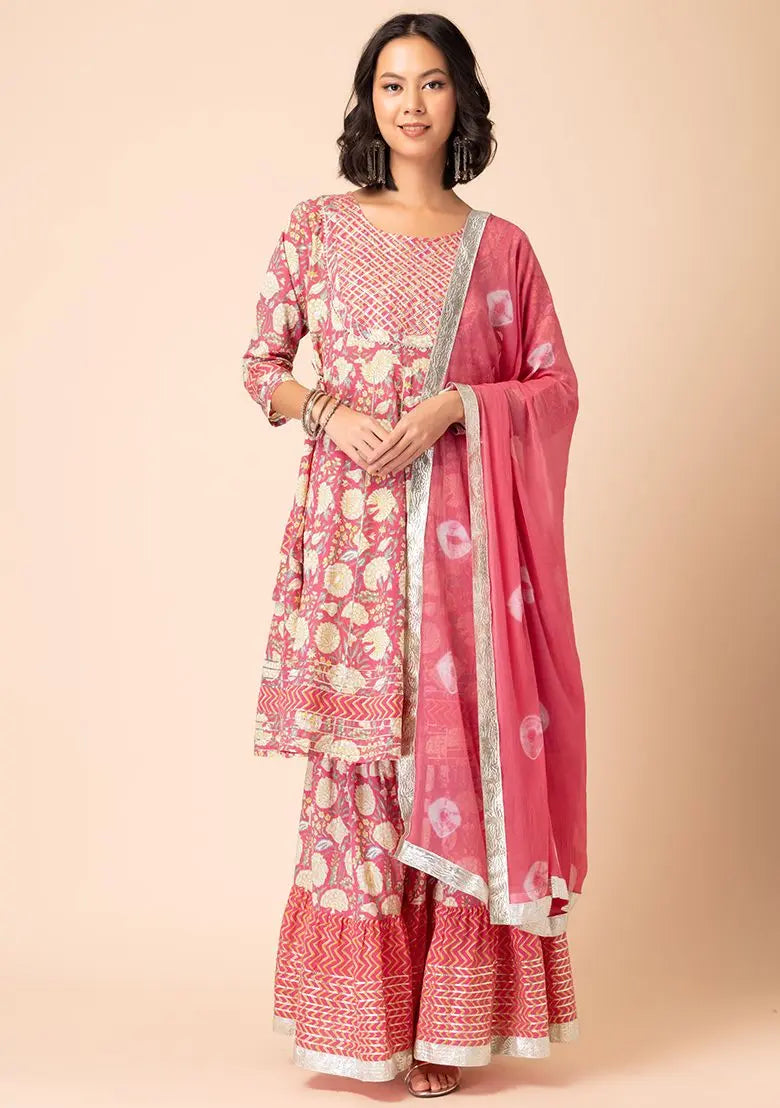 Pink Chevron Print Cotton Sharara With Anarkali Kurta And Dupatta (Set of 3) Pehenawa