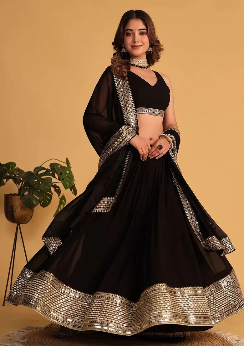 Black Sequin Embroidered Faux Blooming Lehenga Set Pehenawa