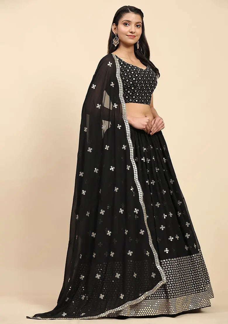 Black Sequin Embroidered Faux Georgette Lehenga Set Pehenawa