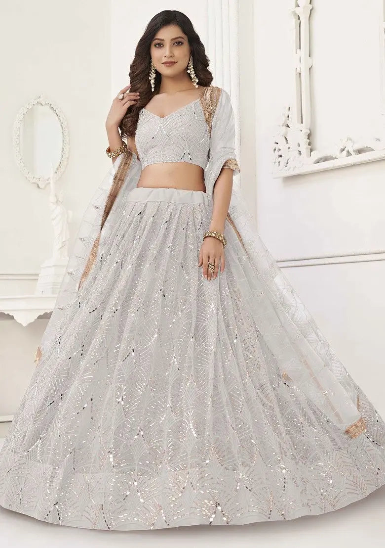 Off White Sequin Thread Embroidered Net Lehenga Pehenawa