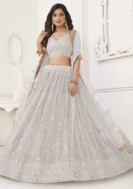 Off White Sequin Thread Embroidered Net Lehenga Pehenawa