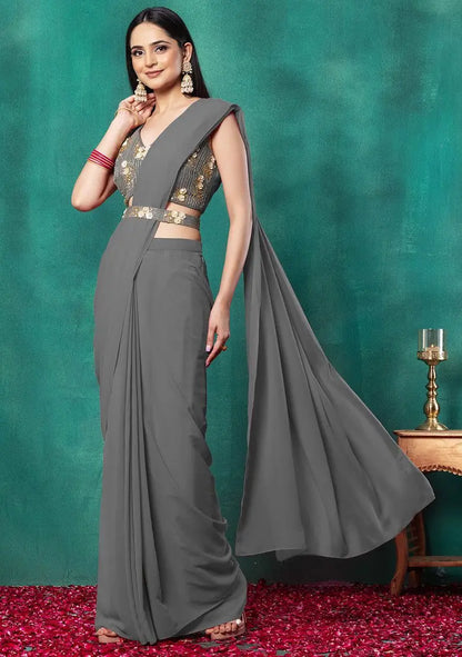 Grey Pre-Stitched Saree Set With Hand Embroidered Blouse And Belt Pehenawa